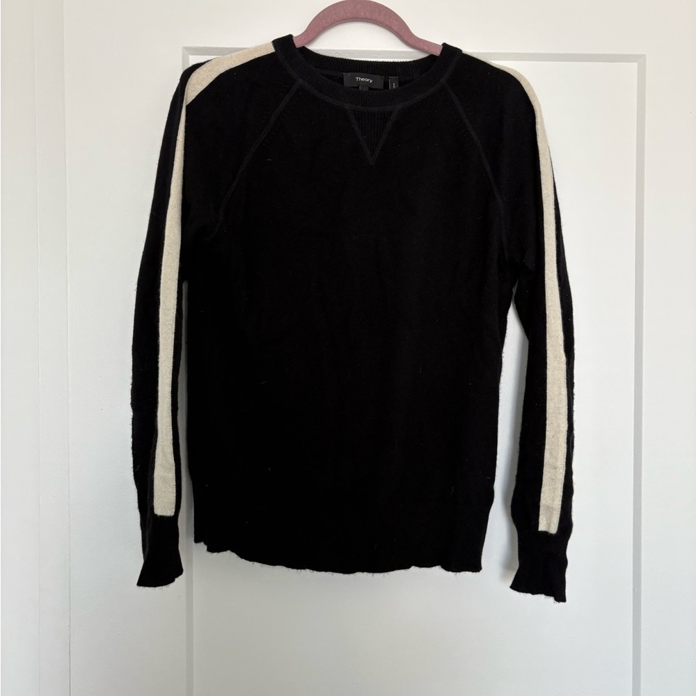 Theory Cashmere Black Sweater with White Stripes on Arms